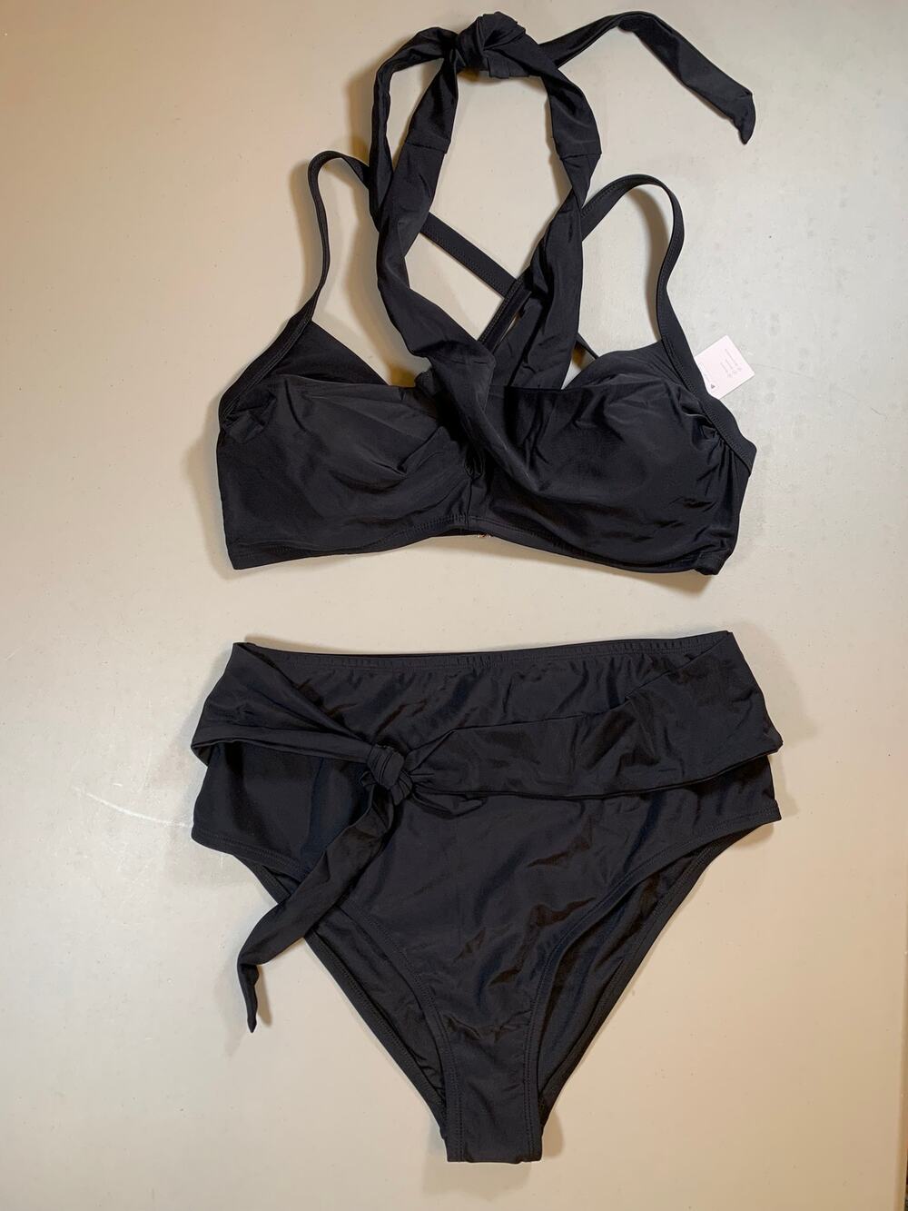 NWT Cupshe Black Crisscross Halter w/ High Waisted Bottoms Bikini Set Size 0X